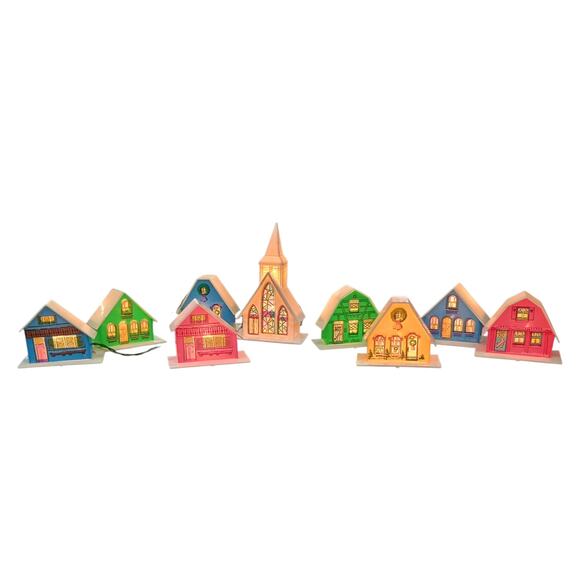 VTG Christmas Alpine Village Set 8 Plastic Cottages & 1 Cathedral W/Lights - Picture 3 of 4